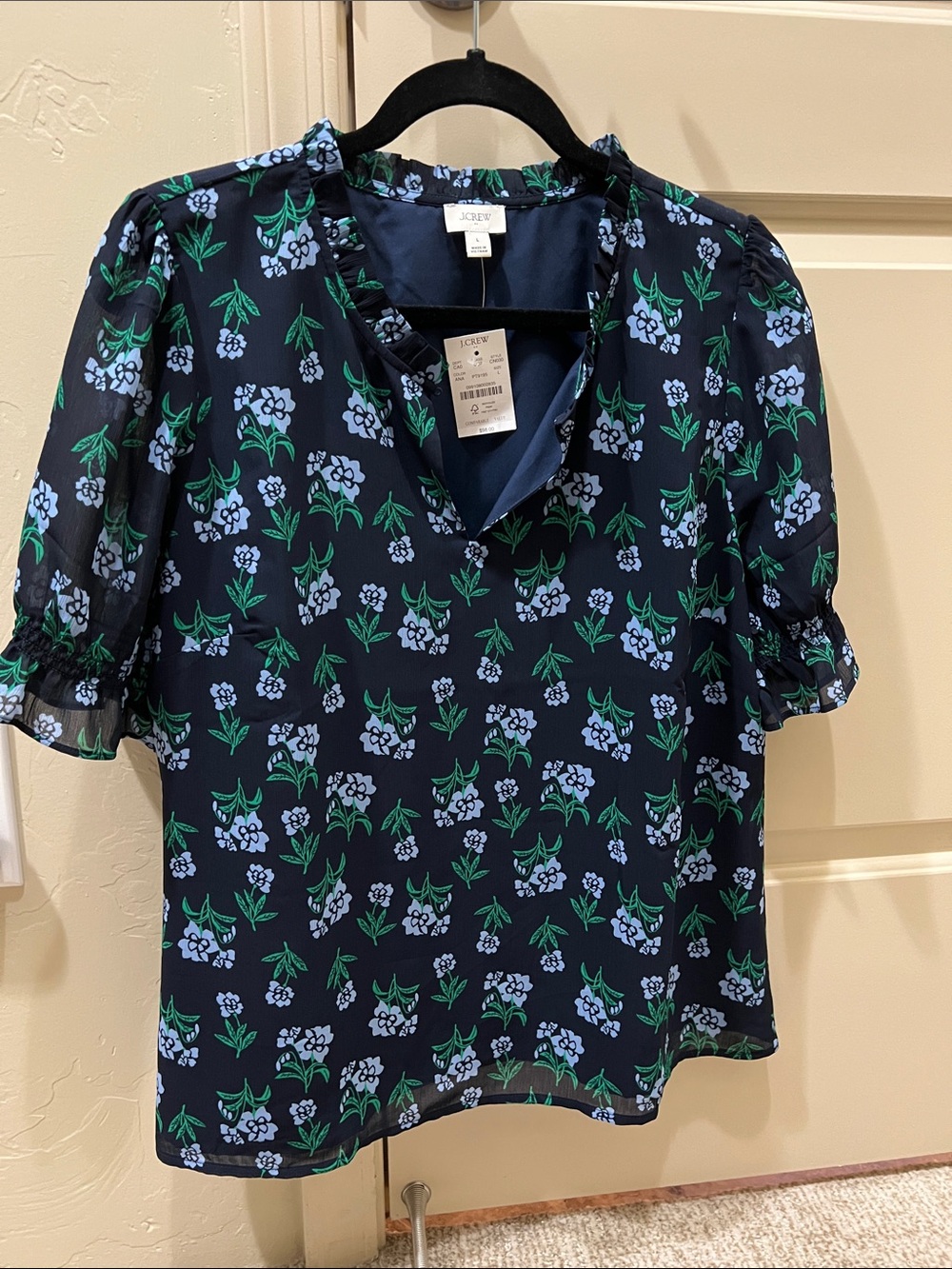 J. Crew Factory Navy Blue Floral V-Neck Puff-Sleeve Blouse